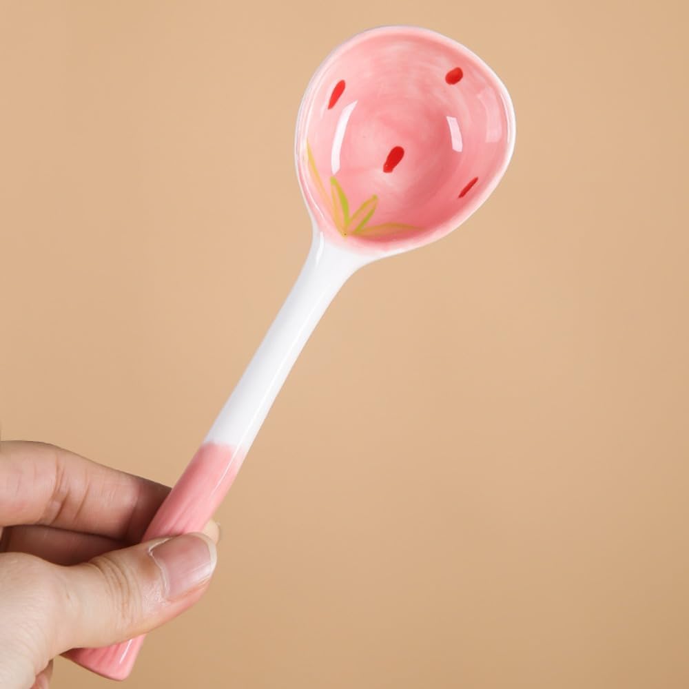 (6 Pieces) Pink Ceramic Spoon Cute Cartoon 6.5 Inch Strawberry Long Handle Home Dessert Coffee (Pink)