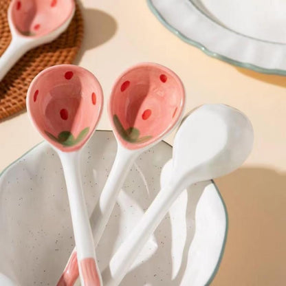 (6 Pieces) Pink Ceramic Spoon Cute Cartoon 6.5 Inch Strawberry Long Handle Home Dessert Coffee (Pink)