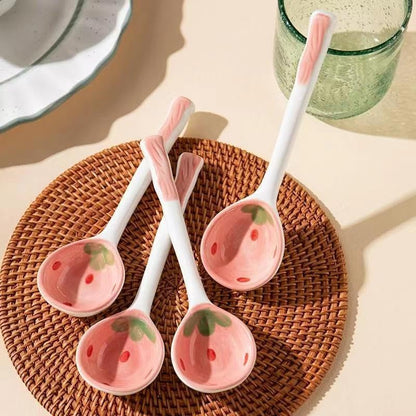 (6 Pieces) Pink Ceramic Spoon Cute Cartoon 6.5 Inch Strawberry Long Handle Home Dessert Coffee (Pink)
