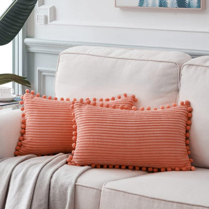 Pack of 2 Coral Decorative Throw Pillow Covers 12x20 Inch with Pom-poms for Living Room Couch Bedroom, Soft Corduroy Peach Solid Lumbar Cushion Case 30x50 cm, Rustic Farmhouse Home Decor