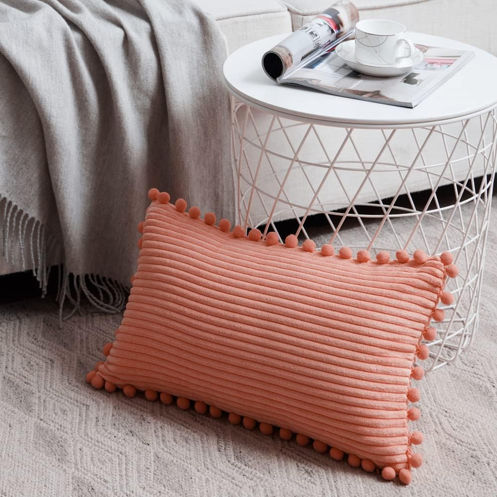 Pack of 2 Coral Decorative Throw Pillow Covers 12x20 Inch with Pom-poms for Living Room Couch Bedroom, Soft Corduroy Peach Solid Lumbar Cushion Case 30x50 cm, Rustic Farmhouse Home Decor