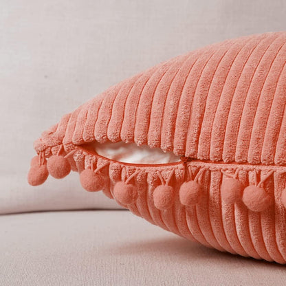 Pack of 2 Coral Decorative Throw Pillow Covers 12x20 Inch with Pom-poms for Living Room Couch Bedroom, Soft Corduroy Peach Solid Lumbar Cushion Case 30x50 cm, Rustic Farmhouse Home Decor