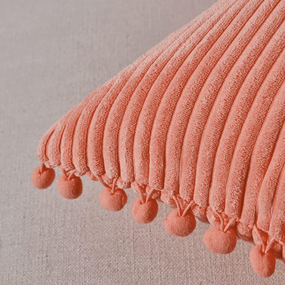 Pack of 2 Coral Decorative Throw Pillow Covers 12x20 Inch with Pom-poms for Living Room Couch Bedroom, Soft Corduroy Peach Solid Lumbar Cushion Case 30x50 cm, Rustic Farmhouse Home Decor
