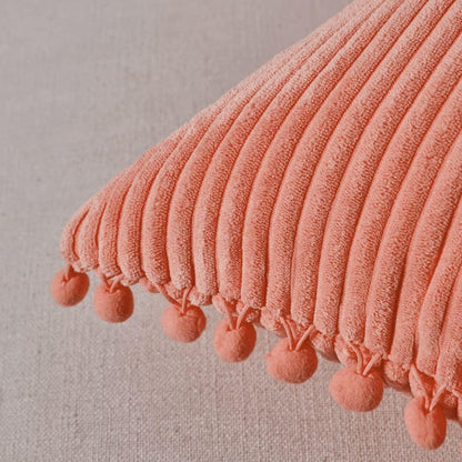 Pack of 2 Coral Decorative Throw Pillow Covers 12x20 Inch with Pom-poms for Living Room Couch Bedroom, Soft Corduroy Peach Solid Lumbar Cushion Case 30x50 cm, Rustic Farmhouse Home Decor