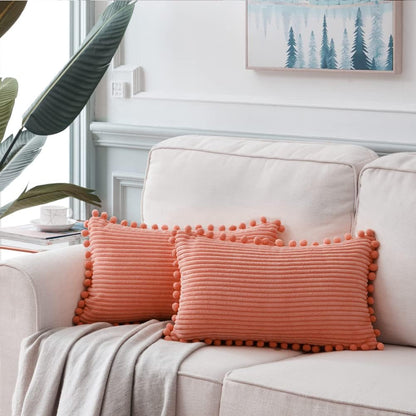 Pack of 2 Coral Decorative Throw Pillow Covers 12x20 Inch with Pom-poms for Living Room Couch Bedroom, Soft Corduroy Peach Solid Lumbar Cushion Case 30x50 cm, Rustic Farmhouse Home Decor