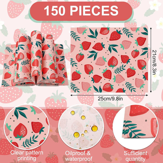 150 Pcs Strawberry Wax Paper Pink Deli Paper Sweet Fruit Sandwich Wrap Tissue Waterproof Oil-Proof Picnic Liners for Party Kitchen Supplies