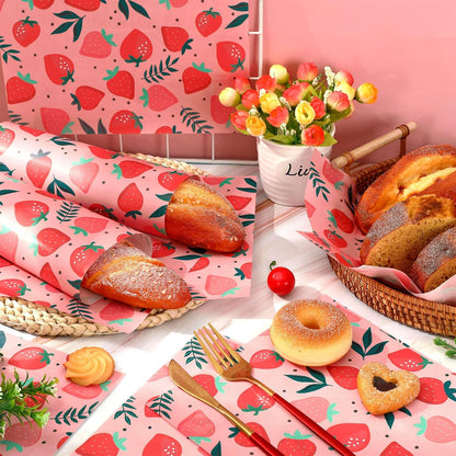 150 Pcs Strawberry Wax Paper Pink Deli Paper Sweet Fruit Sandwich Wrap Tissue Waterproof Oil-Proof Picnic Liners for Party Kitchen Supplies