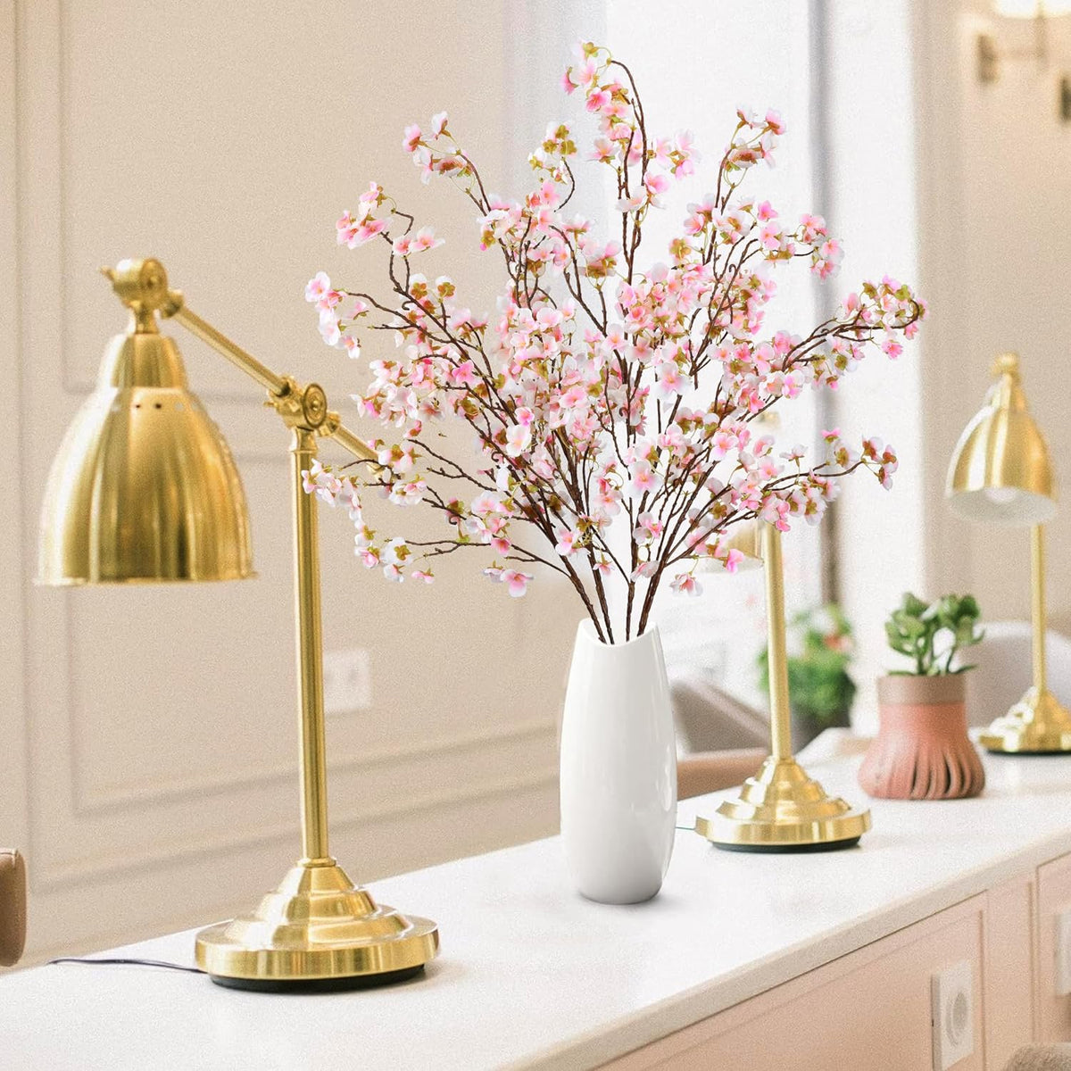 Artificial Cherry Blossom Flowers 4 Pcs Faux Cherry Blossom Stems Faux Silk Cherry Blossom Branches 41’’ Fake Flowers Long Stems for Vase Arrangements Home Wedding Table Decor (Pink)