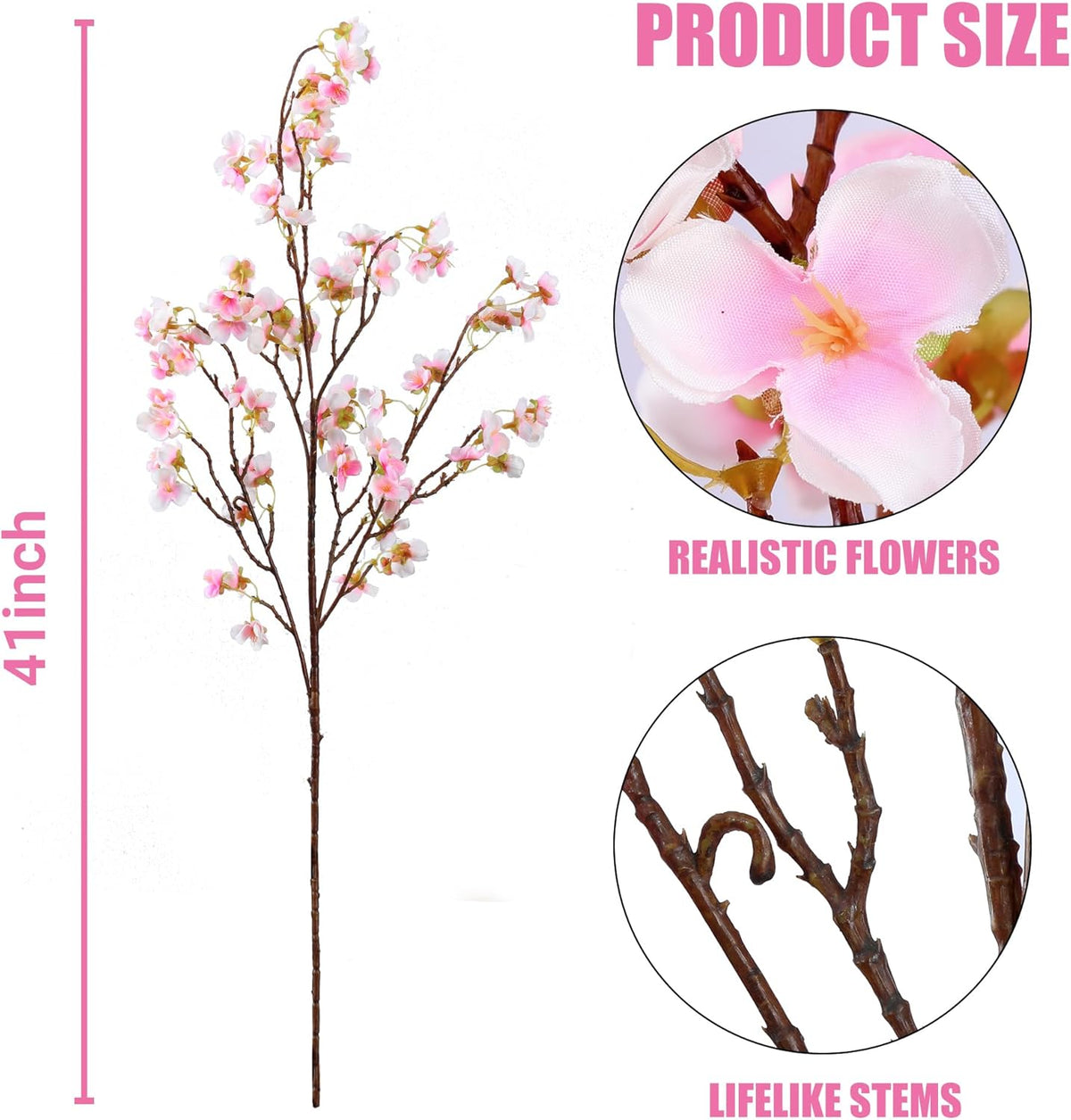 Artificial Cherry Blossom Flowers 4 Pcs Faux Cherry Blossom Stems Faux Silk Cherry Blossom Branches 41’’ Fake Flowers Long Stems for Vase Arrangements Home Wedding Table Decor (Pink)