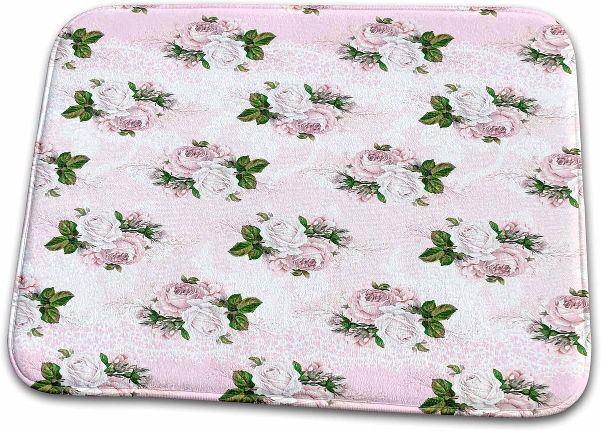Dish Drying Mat - Pretty Light Pink Floral and Image Of White Lace Pattern Patterns