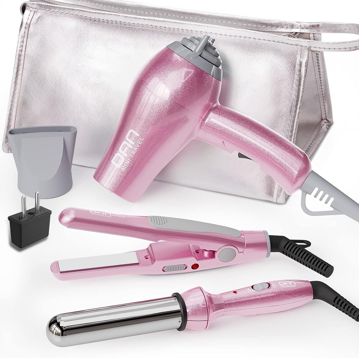 Hair Styling Set, Including Travel Hair Dryer, Mini Flat Iron, and Travel Curling Iron with European Plug, Dual Voltage, Portable Storage Bag, Pink
