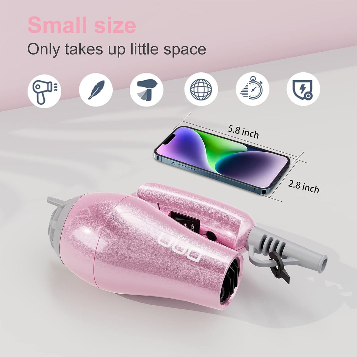 Hair Styling Set, Including Travel Hair Dryer, Mini Flat Iron, and Travel Curling Iron with European Plug, Dual Voltage, Portable Storage Bag, Pink