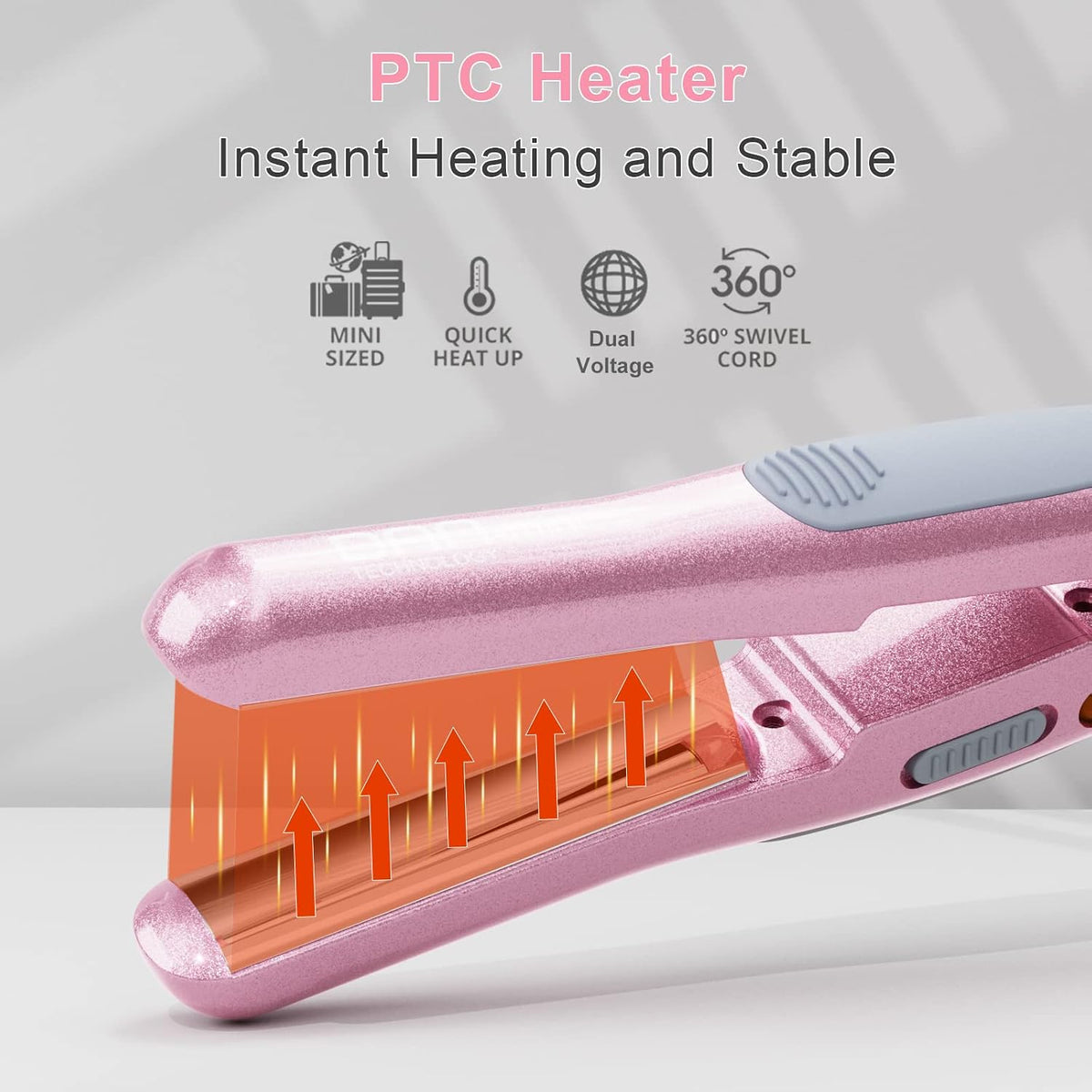 Hair Styling Set, Including Travel Hair Dryer, Mini Flat Iron, and Travel Curling Iron with European Plug, Dual Voltage, Portable Storage Bag, Pink