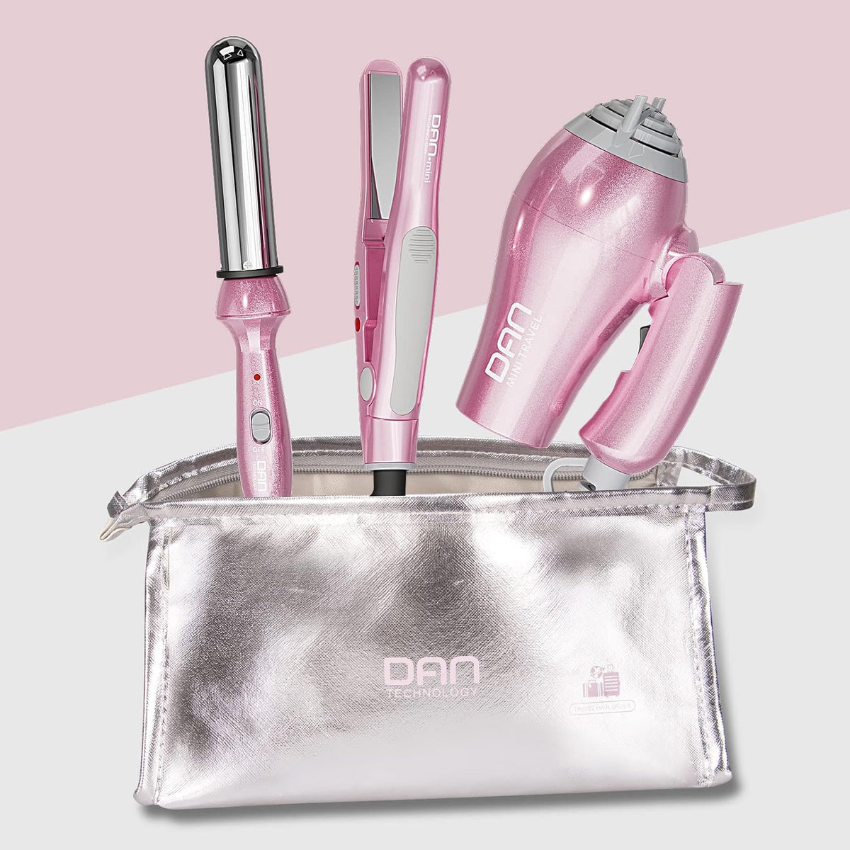 Hair Styling Set, Including Travel Hair Dryer, Mini Flat Iron, and Travel Curling Iron with European Plug, Dual Voltage, Portable Storage Bag, Pink