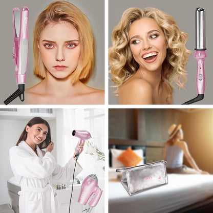 Hair Styling Set, Including Travel Hair Dryer, Mini Flat Iron, and Travel Curling Iron with European Plug, Dual Voltage, Portable Storage Bag, Pink