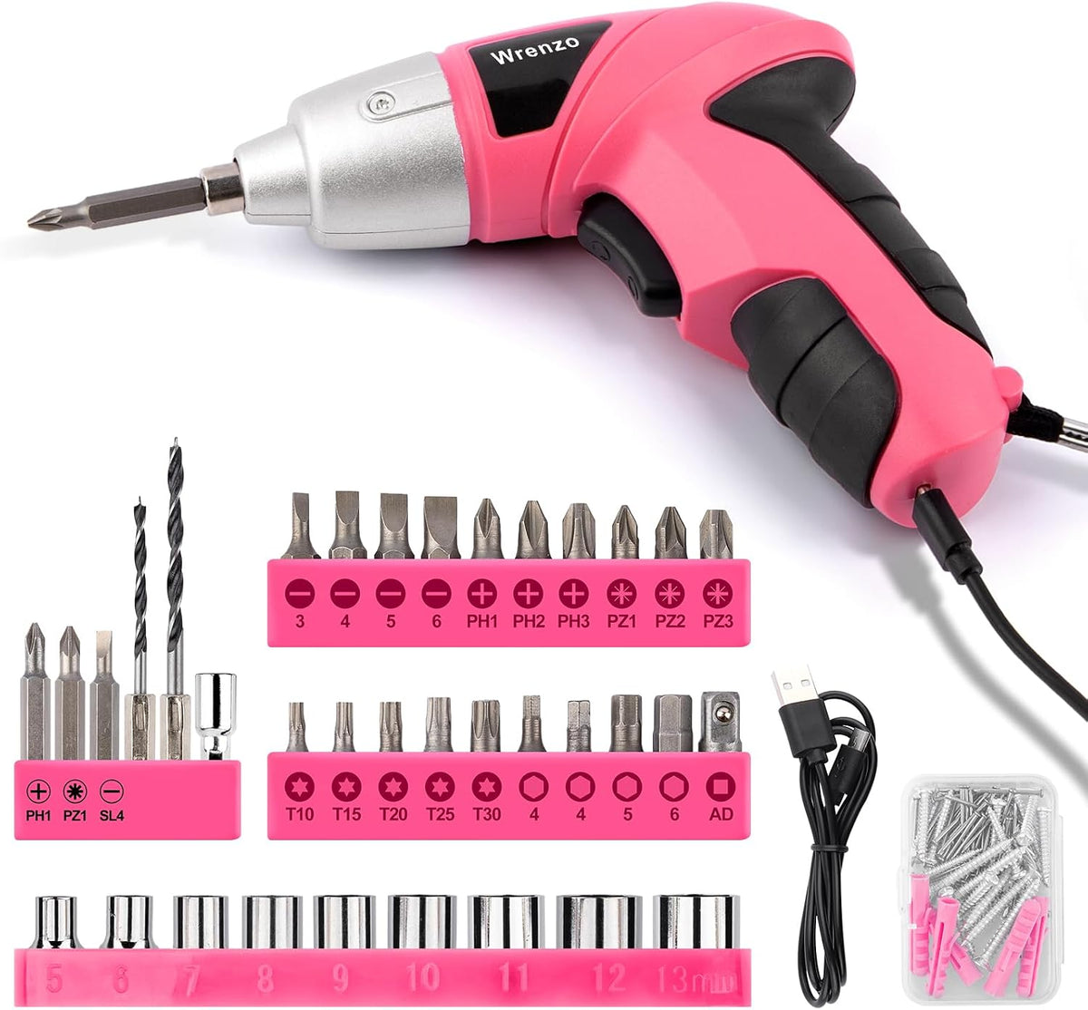 Electric Screwdriver 116pc 3.6V Pink USB Small Power Screwdriver Set. Cordless & Rechargeable with Driver Bit Set