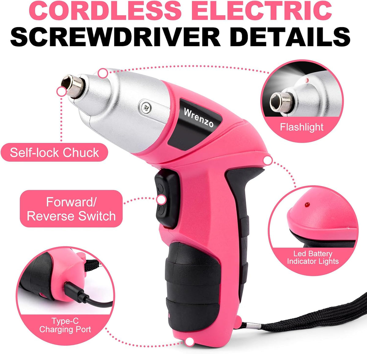 Electric Screwdriver 116pc 3.6V Pink USB Small Power Screwdriver Set. Cordless & Rechargeable with Driver Bit Set