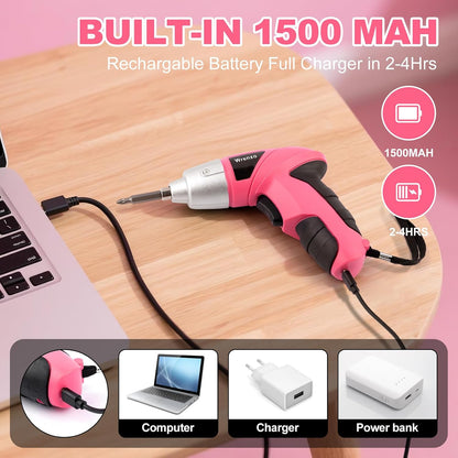 Electric Screwdriver 116pc 3.6V Pink USB Small Power Screwdriver Set. Cordless & Rechargeable with Driver Bit Set