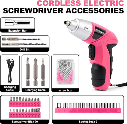 Electric Screwdriver 116pc 3.6V Pink USB Small Power Screwdriver Set. Cordless & Rechargeable with Driver Bit Set