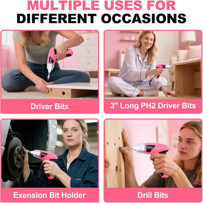 Electric Screwdriver 116pc 3.6V Pink USB Small Power Screwdriver Set. Cordless & Rechargeable with Driver Bit Set