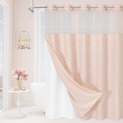 Light Pink Long Boho Shower Curtain with Snap-in Liner 72 x 80, No Hooks Needed Tufted Striped Textured Chic Shower Curtain for Bathroom Decor with See Through Mesh Top Window
