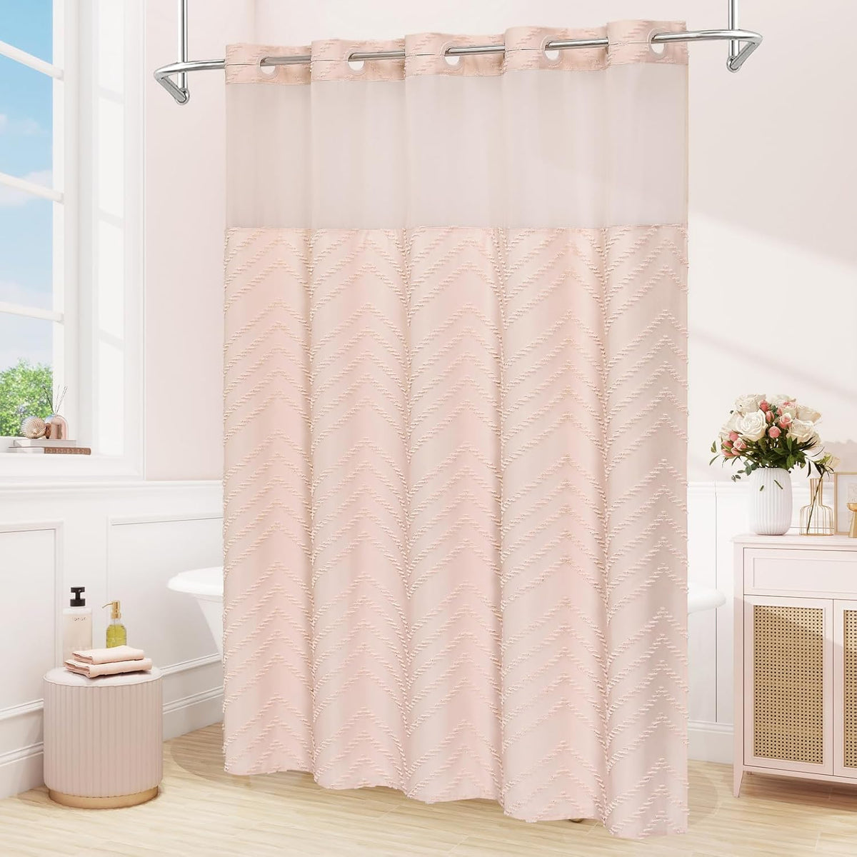 Light Pink Long Boho Shower Curtain with Snap-in Liner 72 x 80, No Hooks Needed Tufted Striped Textured Chic Shower Curtain for Bathroom Decor with See Through Mesh Top Window