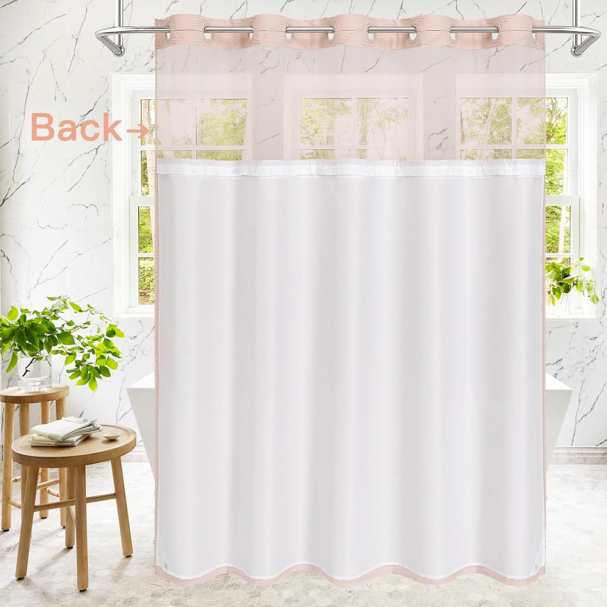 Light Pink Long Boho Shower Curtain with Snap-in Liner 72 x 80, No Hooks Needed Tufted Striped Textured Chic Shower Curtain for Bathroom Decor with See Through Mesh Top Window