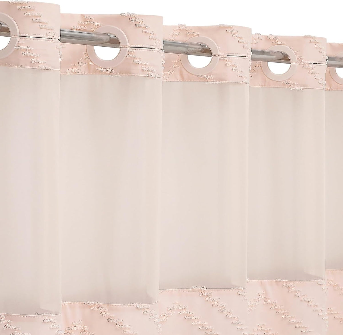 Light Pink Long Boho Shower Curtain with Snap-in Liner 72 x 80, No Hooks Needed Tufted Striped Textured Chic Shower Curtain for Bathroom Decor with See Through Mesh Top Window