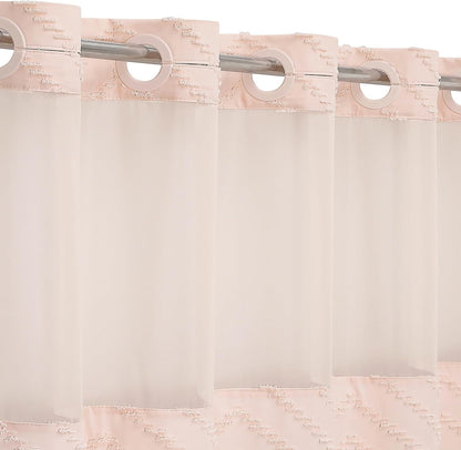Light Pink Long Boho Shower Curtain with Snap-in Liner 72 x 80, No Hooks Needed Tufted Striped Textured Chic Shower Curtain for Bathroom Decor with See Through Mesh Top Window