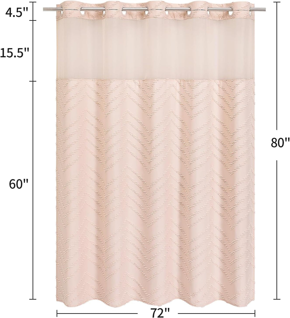 Light Pink Long Boho Shower Curtain with Snap-in Liner 72 x 80, No Hooks Needed Tufted Striped Textured Chic Shower Curtain for Bathroom Decor with See Through Mesh Top Window