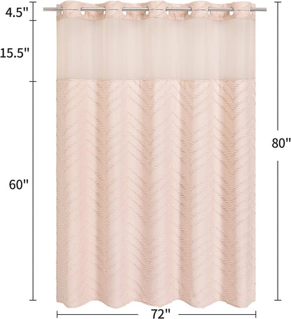 Light Pink Long Boho Shower Curtain with Snap-in Liner 72 x 80, No Hooks Needed Tufted Striped Textured Chic Shower Curtain for Bathroom Decor with See Through Mesh Top Window