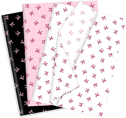 90 Sheets Bow Tissue Paper Pink White Black Coquette Cute Bowknot Art Tissue Wrapping Paper for Girl Birthday Bachelorette Bridal Shower Party DIY Craft Gift Packing, 14 x 20 Inch
