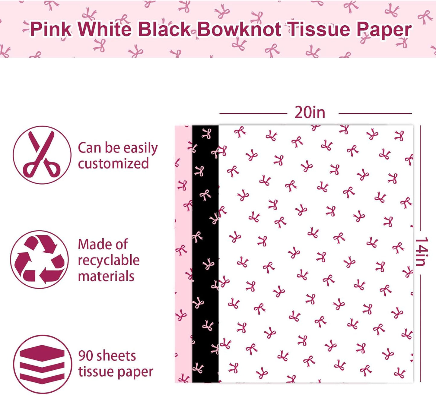 90 Sheets Bow Tissue Paper Pink White Black Coquette Cute Bowknot Art Tissue Wrapping Paper for Girl Birthday Bachelorette Bridal Shower Party DIY Craft Gift Packing, 14 x 20 Inch
