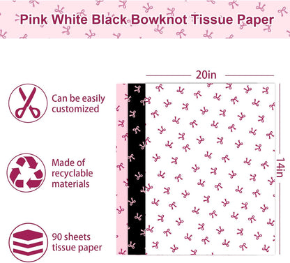 90 Sheets Bow Tissue Paper Pink White Black Coquette Cute Bowknot Art Tissue Wrapping Paper for Girl Birthday Bachelorette Bridal Shower Party DIY Craft Gift Packing, 14 x 20 Inch