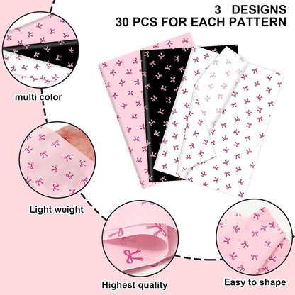 90 Sheets Bow Tissue Paper Pink White Black Coquette Cute Bowknot Art Tissue Wrapping Paper for Girl Birthday Bachelorette Bridal Shower Party DIY Craft Gift Packing, 14 x 20 Inch