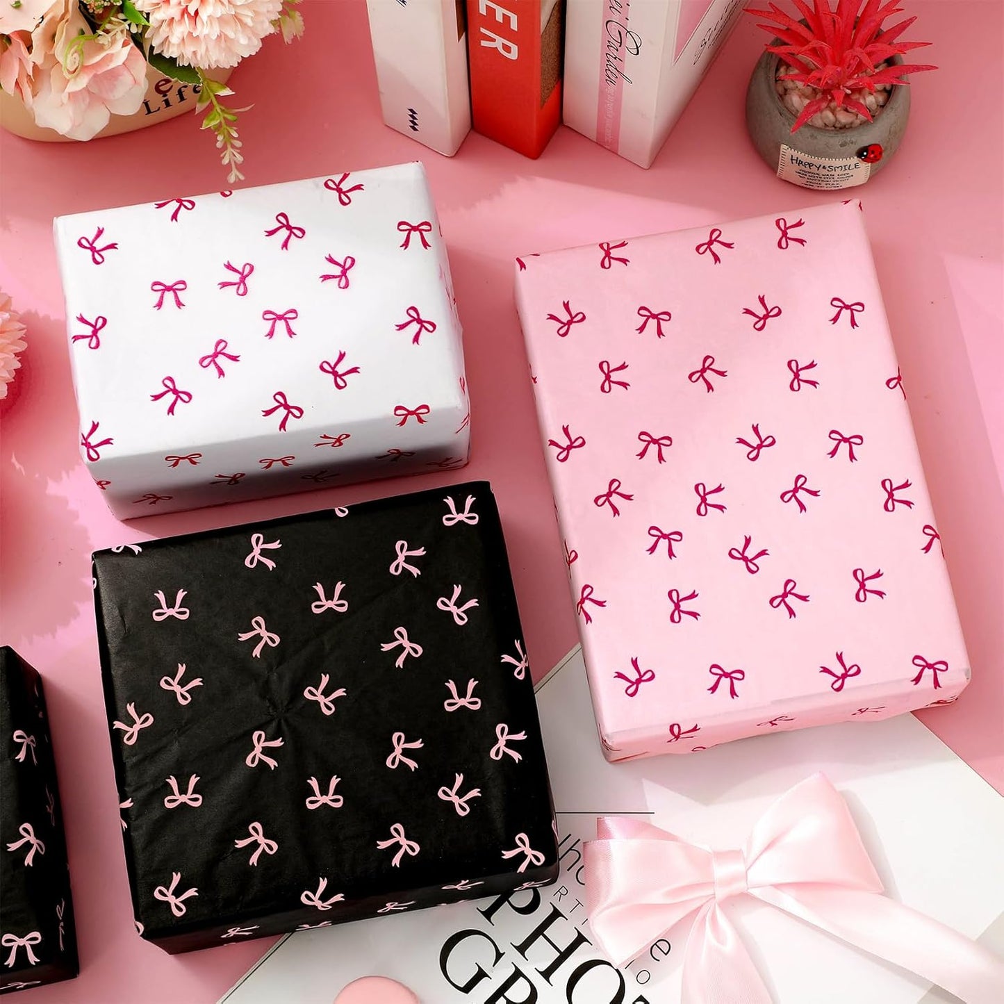 90 Sheets Bow Tissue Paper Pink White Black Coquette Cute Bowknot Art Tissue Wrapping Paper for Girl Birthday Bachelorette Bridal Shower Party DIY Craft Gift Packing, 14 x 20 Inch