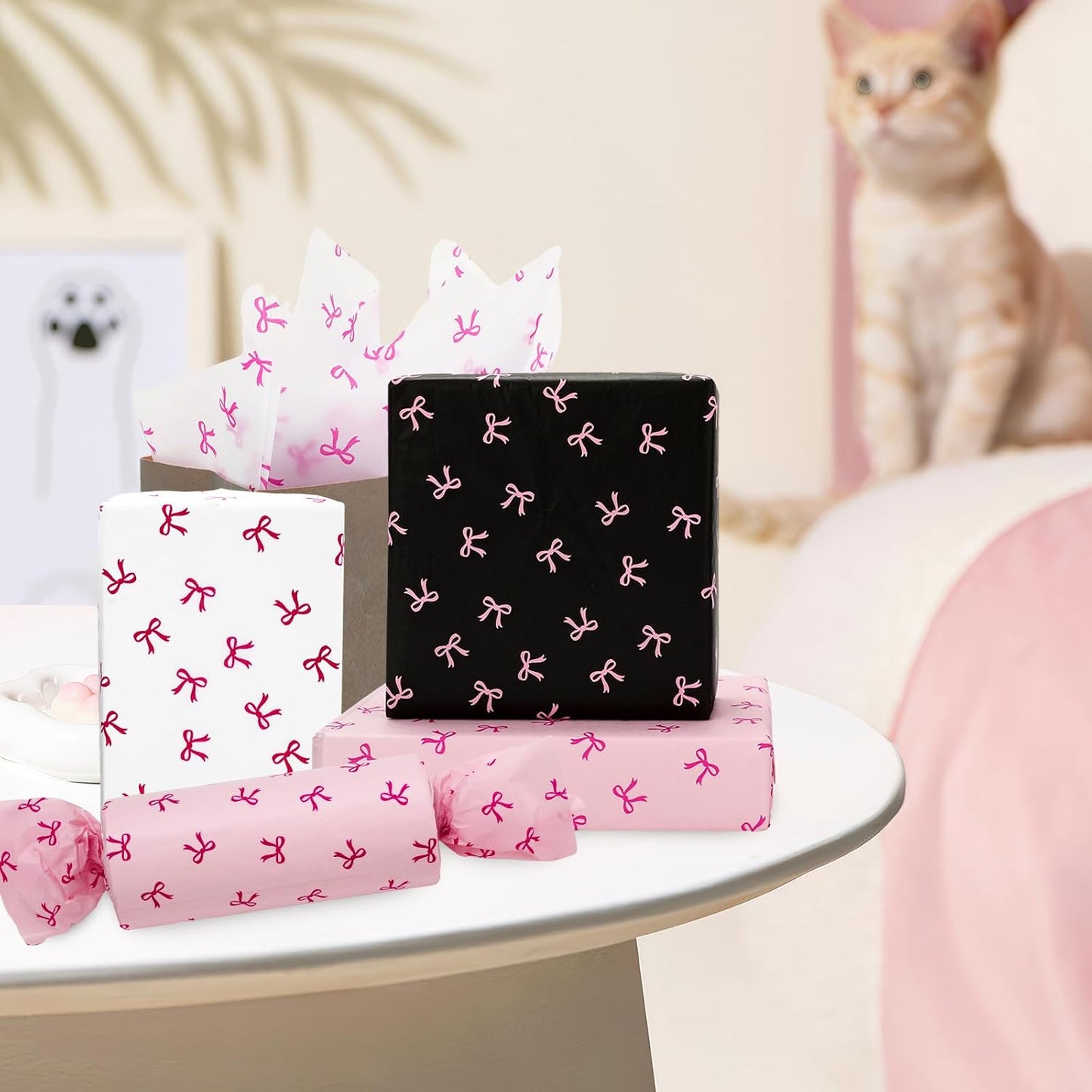 90 Sheets Bow Tissue Paper Pink White Black Coquette Cute Bowknot Art Tissue Wrapping Paper for Girl Birthday Bachelorette Bridal Shower Party DIY Craft Gift Packing, 14 x 20 Inch