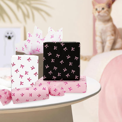 90 Sheets Bow Tissue Paper Pink White Black Coquette Cute Bowknot Art Tissue Wrapping Paper for Girl Birthday Bachelorette Bridal Shower Party DIY Craft Gift Packing, 14 x 20 Inch