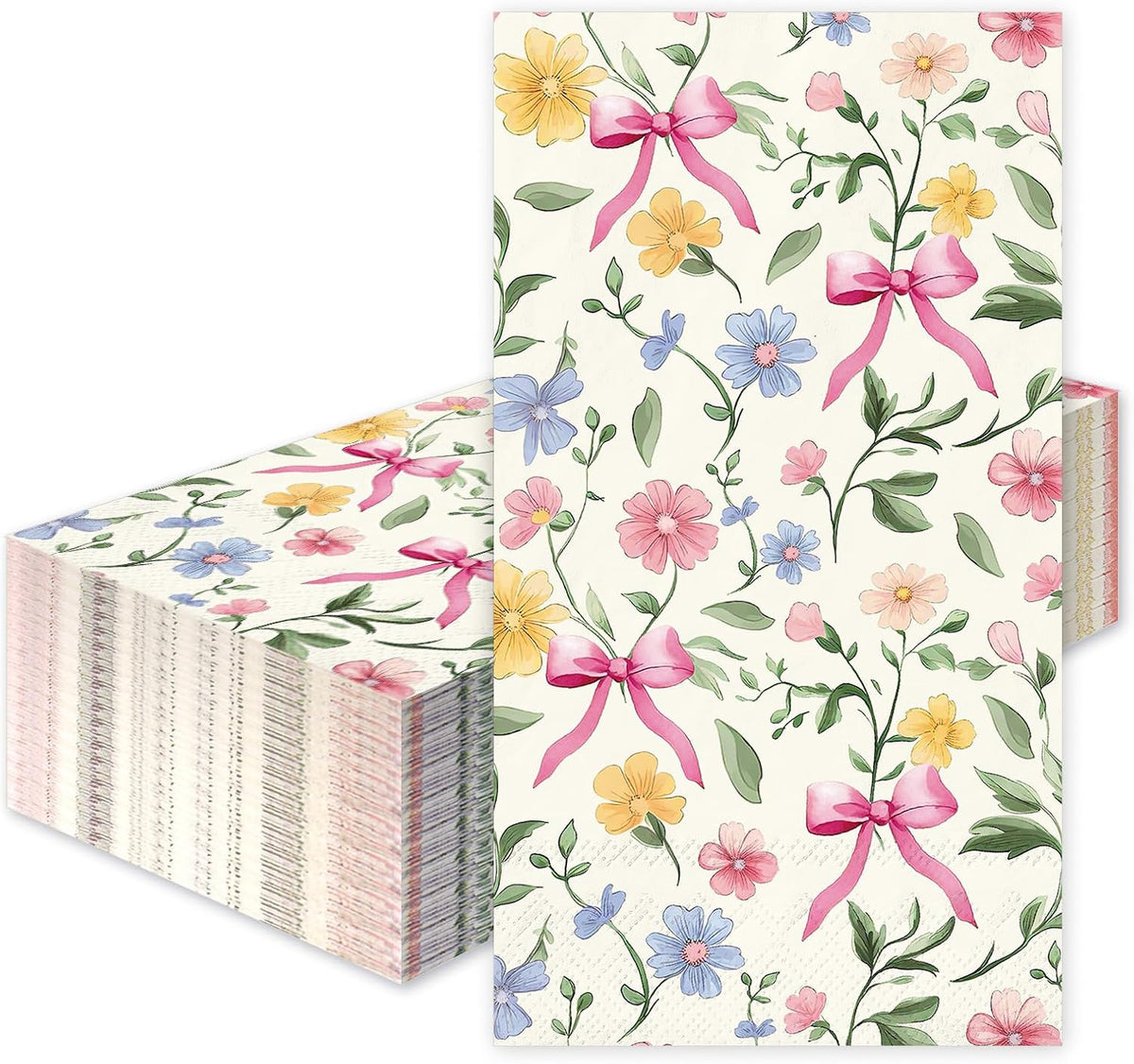 50Pcs Wildflower Guest Napkins Pink Bow Flower Disposable Hand Towels Colorful Floral Napkins for Birthday Wedding Bridal Shower Bathroom Kitchen