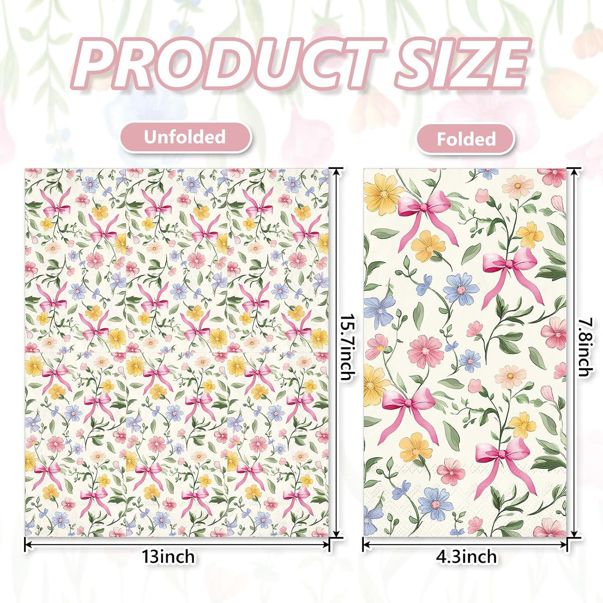 50Pcs Wildflower Guest Napkins Pink Bow Flower Disposable Hand Towels Colorful Floral Napkins for Birthday Wedding Bridal Shower Bathroom Kitchen