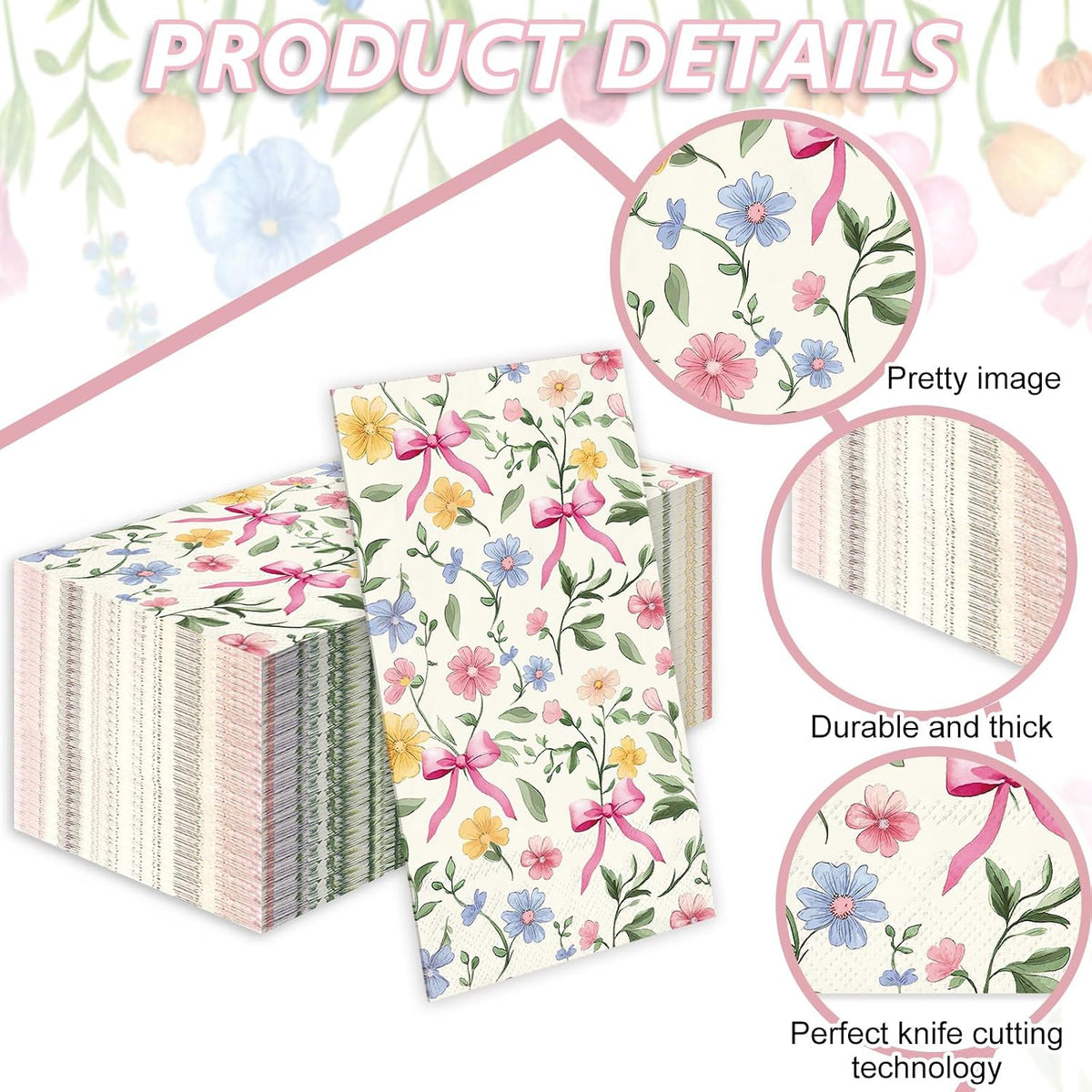 50Pcs Wildflower Guest Napkins Pink Bow Flower Disposable Hand Towels Colorful Floral Napkins for Birthday Wedding Bridal Shower Bathroom Kitchen