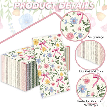 50Pcs Wildflower Guest Napkins Pink Bow Flower Disposable Hand Towels Colorful Floral Napkins for Birthday Wedding Bridal Shower Bathroom Kitchen