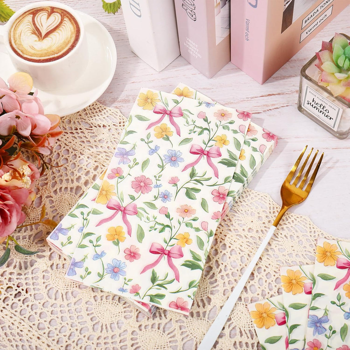 50Pcs Wildflower Guest Napkins Pink Bow Flower Disposable Hand Towels Colorful Floral Napkins for Birthday Wedding Bridal Shower Bathroom Kitchen