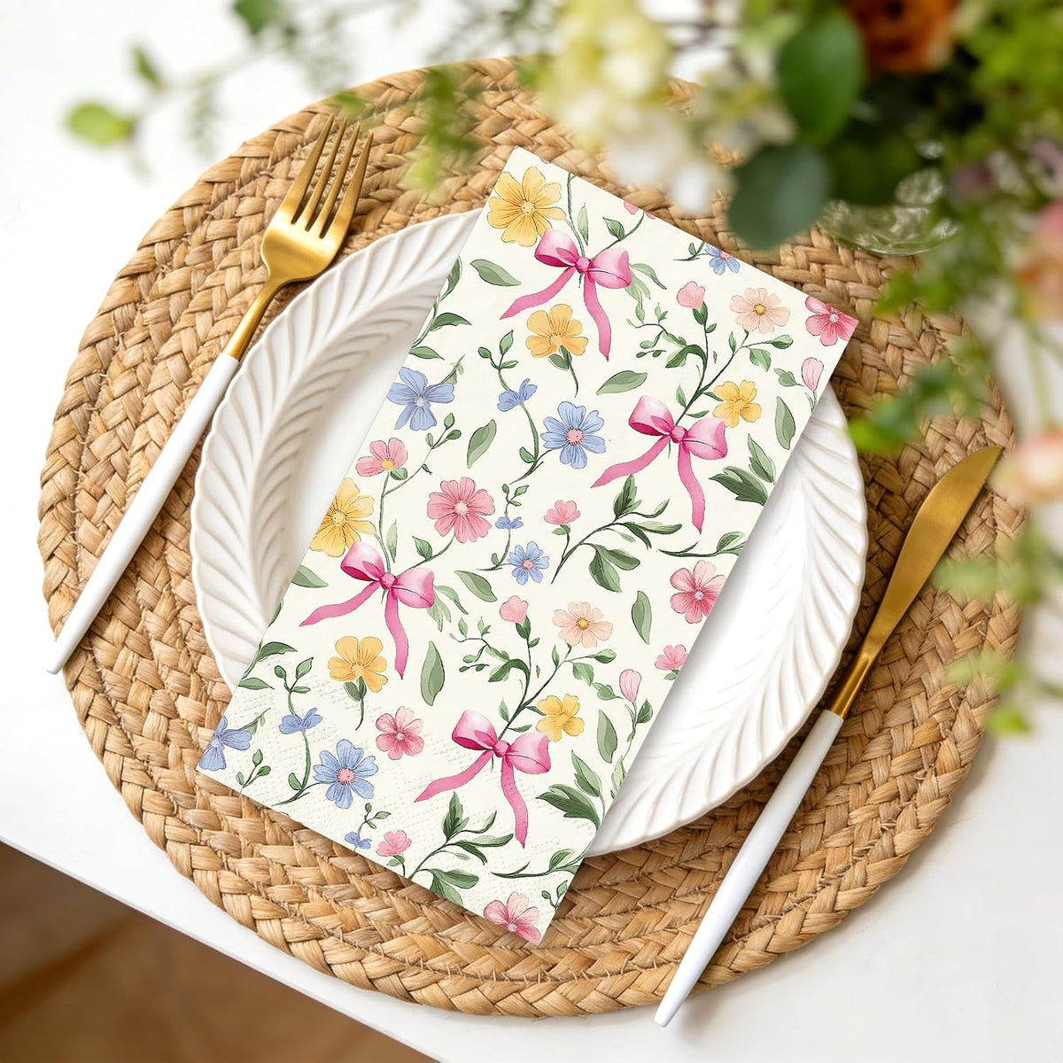50Pcs Wildflower Guest Napkins Pink Bow Flower Disposable Hand Towels Colorful Floral Napkins for Birthday Wedding Bridal Shower Bathroom Kitchen
