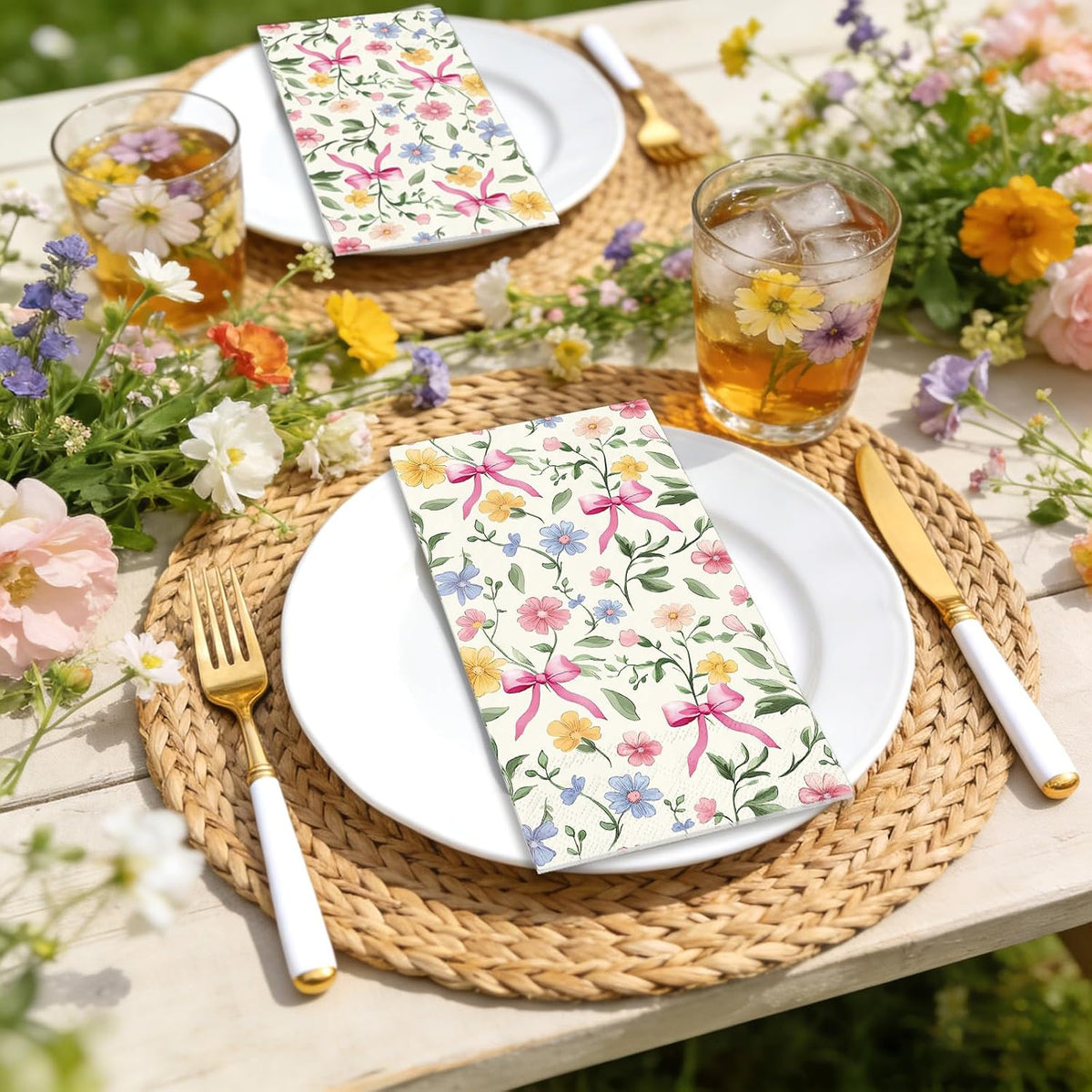 50Pcs Wildflower Guest Napkins Pink Bow Flower Disposable Hand Towels Colorful Floral Napkins for Birthday Wedding Bridal Shower Bathroom Kitchen