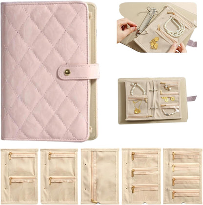 Travel Jewelry Notebook Organizer Case, Jewelry Storage Book Ring Binder with Clear Zipper Velvet Pouch for Traveling, Rings,Necklace,Earrings-Cream White (Pink)
