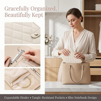 Travel Jewelry Notebook Organizer Case, Jewelry Storage Book Ring Binder with Clear Zipper Velvet Pouch for Traveling, Rings,Necklace,Earrings-Cream White (Pink)