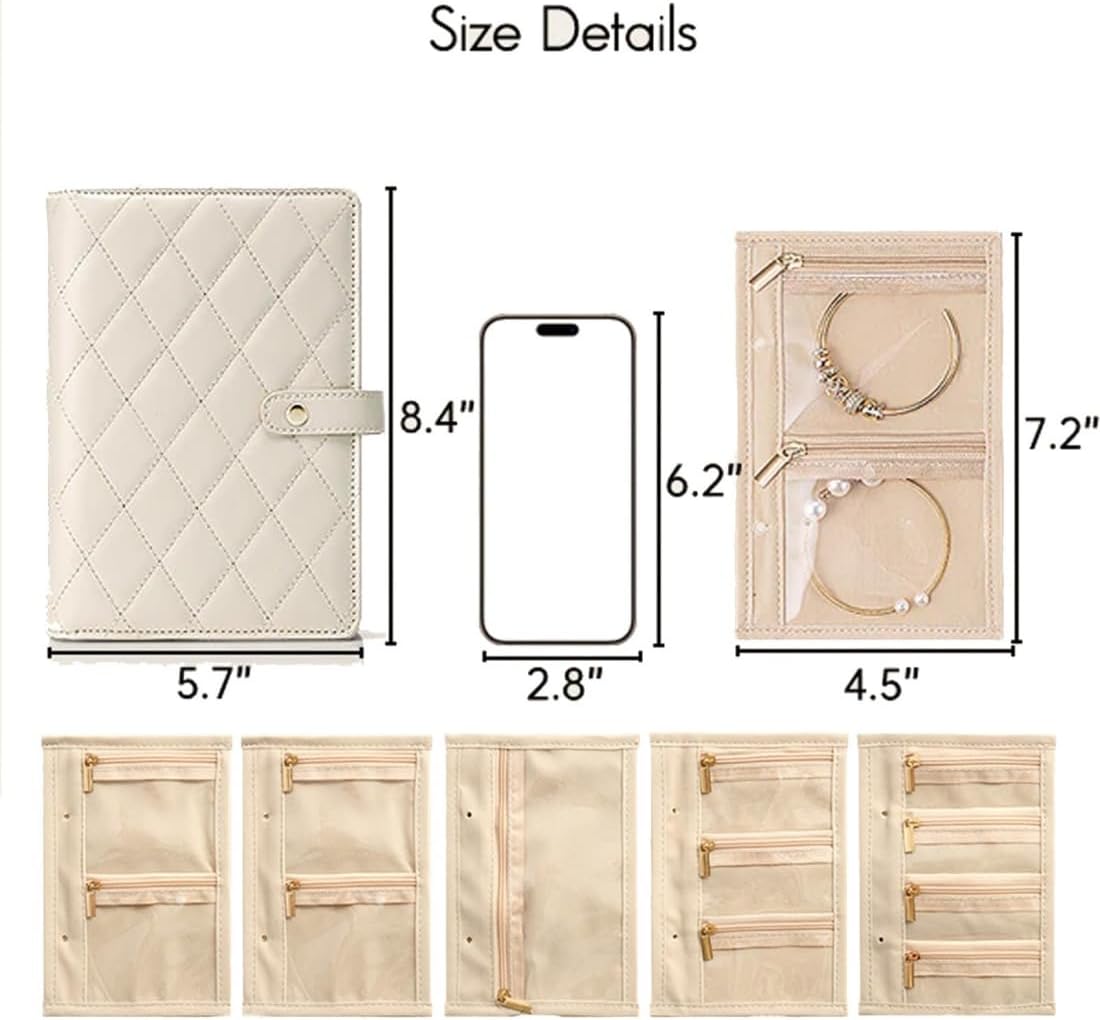 Travel Jewelry Notebook Organizer Case, Jewelry Storage Book Ring Binder with Clear Zipper Velvet Pouch for Traveling, Rings,Necklace,Earrings-Cream White (Pink)