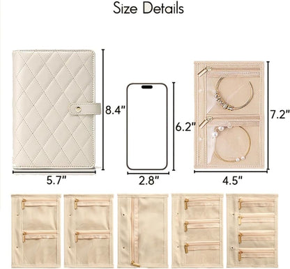 Travel Jewelry Notebook Organizer Case, Jewelry Storage Book Ring Binder with Clear Zipper Velvet Pouch for Traveling, Rings,Necklace,Earrings-Cream White (Pink)