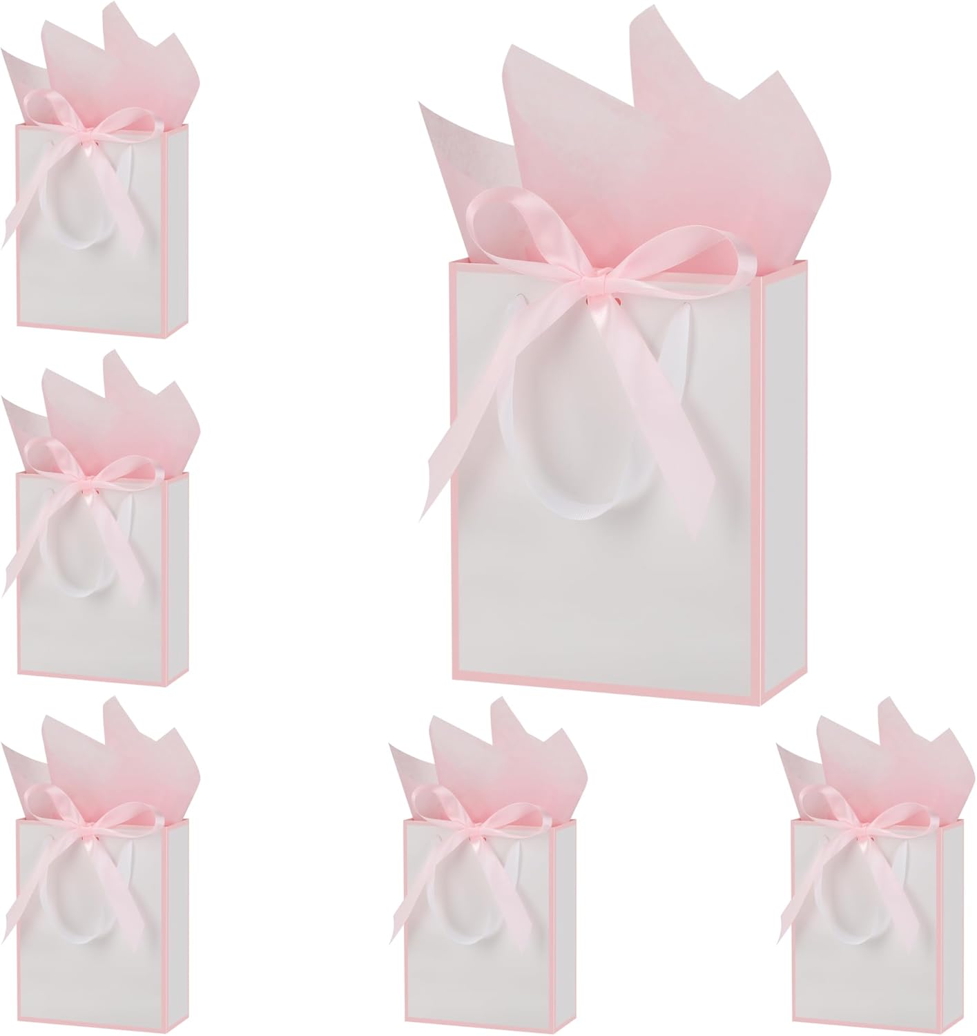 6 Pcs Thank You Gift Bags with Handles and Tissue Paper 9 x 7 x 3. 15'' Elegant Welcome Gift Bags with Bow Ribbon for Wedding Bridesmaid Baby Shower Housewarming Birthday Party(White, Pink)